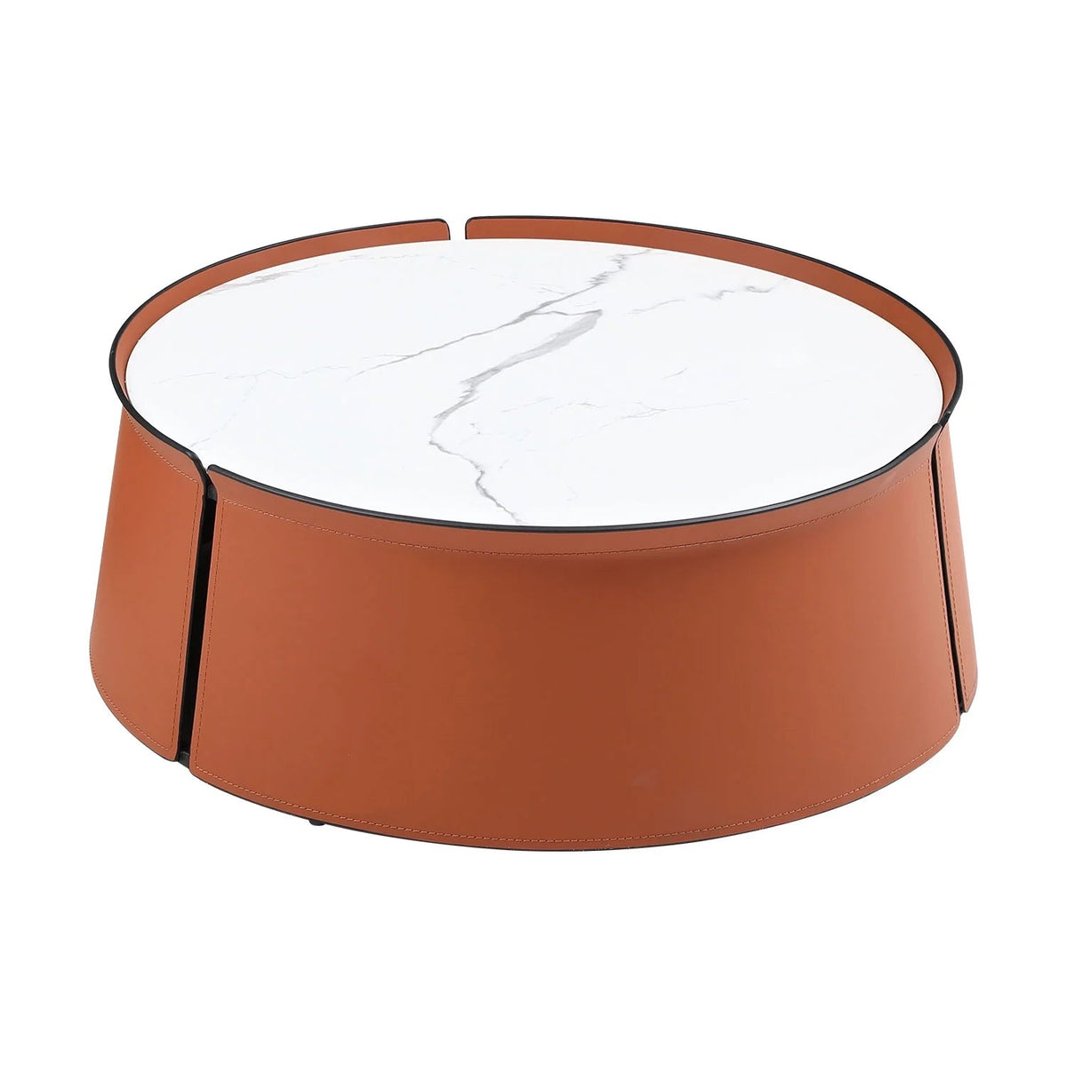 Coffee Table, 31.5 Inch Marble Top, Orange Saddle Leather Body, Iron Frame