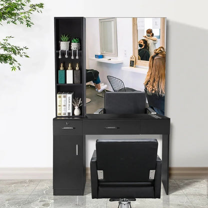OmySalon Wall-Mount Barber Station With Mirror, 2 Drawers, 1 Storage Cabinet And 3 Open Shelves