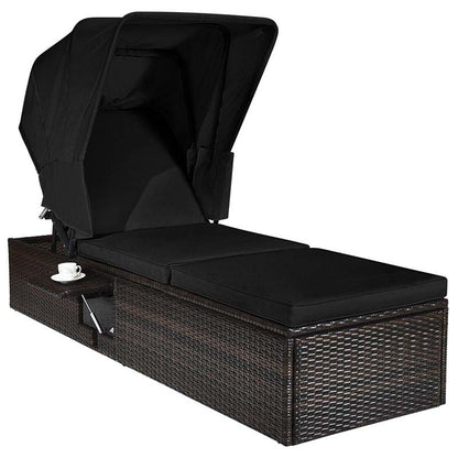 Cushioned Rattan Outdoor Chaise Lounge Chair With Folding Canopy, Flip-Up Tea Table And 5 Positions