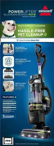 BISSELL PowerLifter Allergen Pet Rewind Upright Vacuum, Bagless, HEPA Filter, Black - 3404
