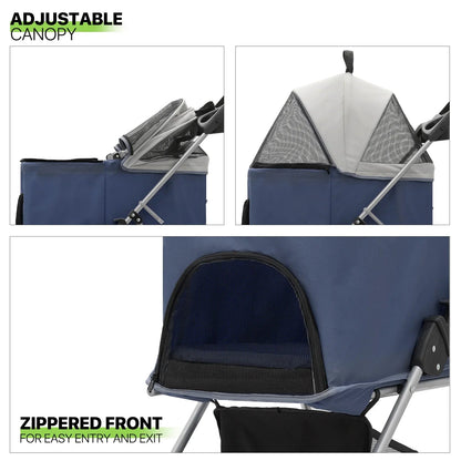 Magshion Foldable Pet Stroller, 4 Wheel, Navy Blue, 33 lbs Capacity