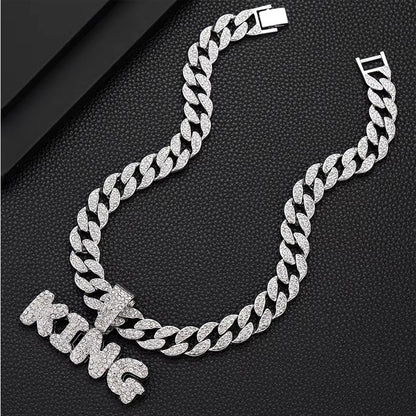 Full Diamond King Football Pendant Necklace With 20in Cuban Link Chain, 13mm Width