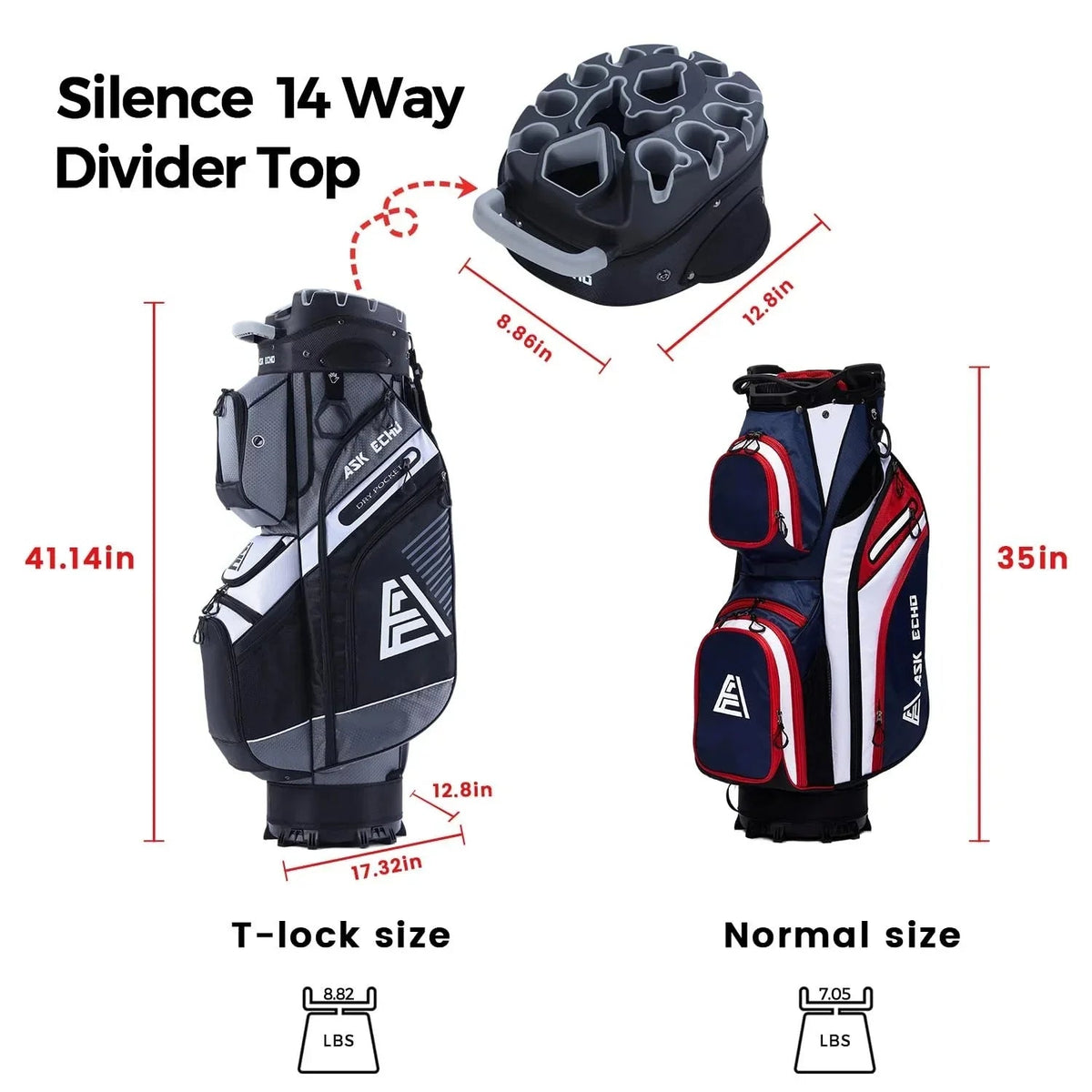 ASK ECHO Golf Cart Bag, 14-Compartment, Gray, Nylon - T-Lock