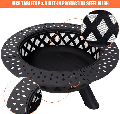 SUNCREAT 42 Inch Star Pattern Wood Burning Patio Fire Pit With Mesh Spark Screen And Poker, Black