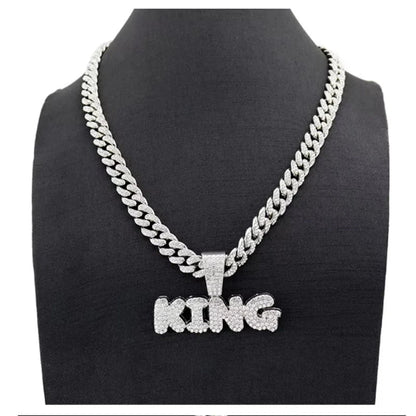 Full Diamond King Football Pendant Necklace With 20in Cuban Link Chain, 13mm Width