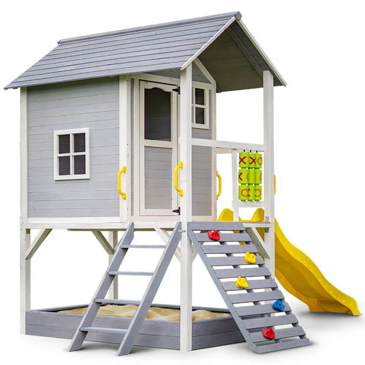 Rovo Kids Wooden Tower Cubby House, Grey, 236 x 176 x 248cm, With Slide, Sandpit And Climbing Wall - PLYCBHRV4GYA