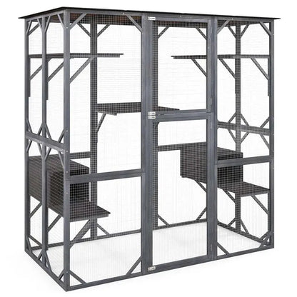 71-Inch Outdoor Wooden Catio Enclosure With 7 Platforms And 2 Condos - Grey