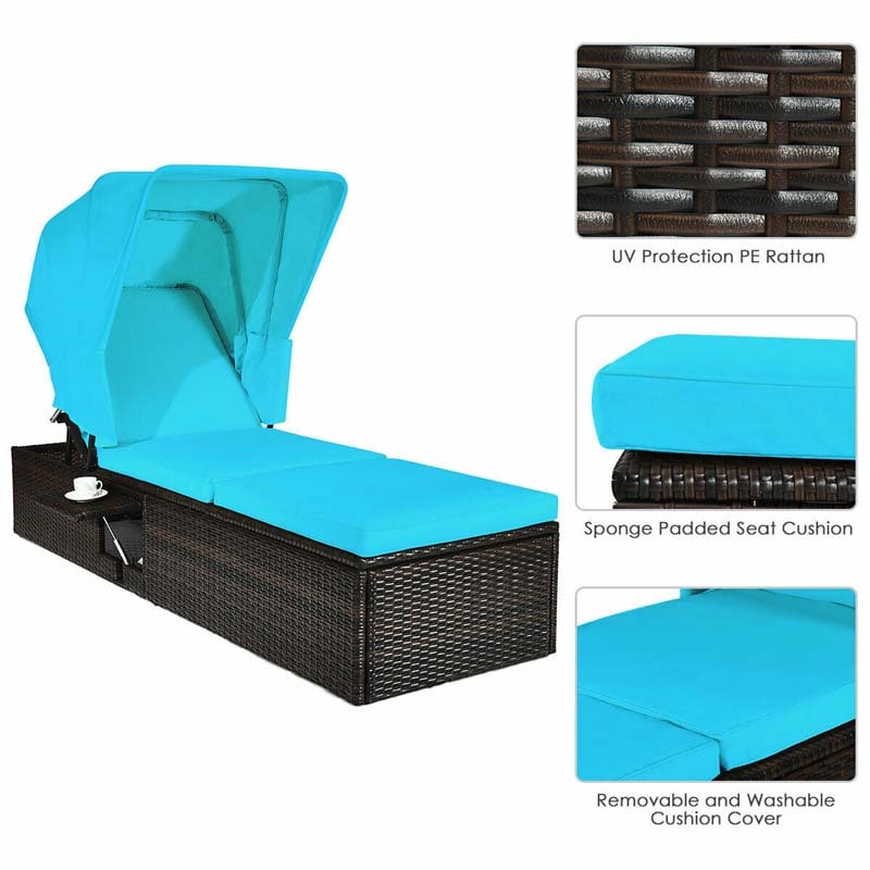 Cushioned Rattan Outdoor Chaise Lounge Chair With Folding Canopy, Flip-Up Tea Table And 5 Positions