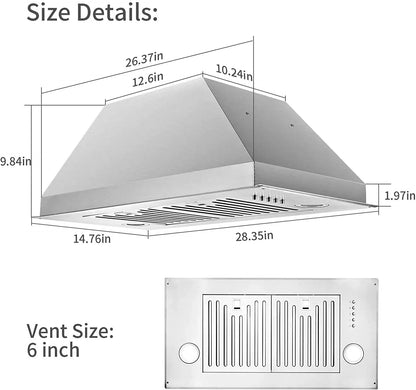 Range Hood 30 inch Built-In Insert Vent Hood, 600 CFM, Stainless Steel