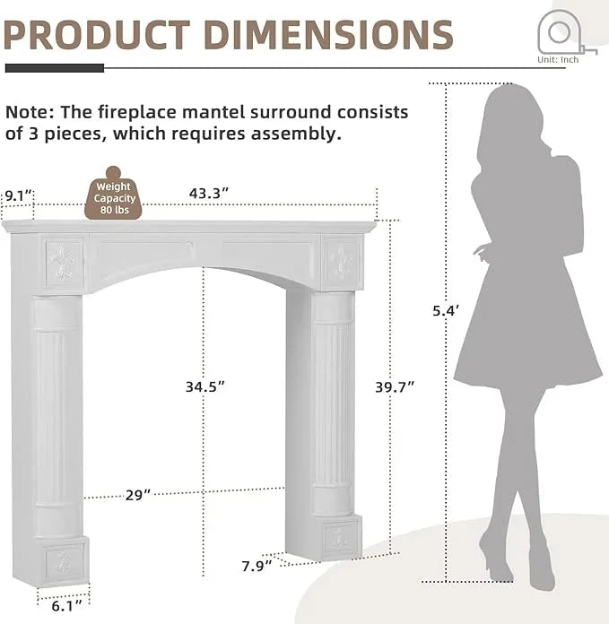 EPICOZY Fireplace Mantel Surround With Shelf, 43.3in - MDF