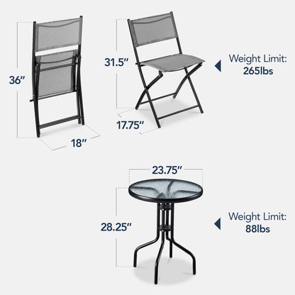 Best Choice Products 3-Piece Patio Bistro Dining Set With Glass Tabletop And Folding Chairs - Gray
