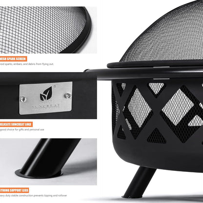 SUNCREAT 42 Inch Star Pattern Wood Burning Patio Fire Pit With Mesh Spark Screen And Poker, Black