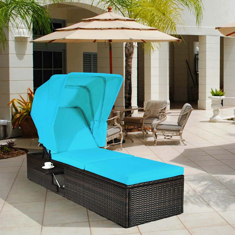 Cushioned Rattan Outdoor Chaise Lounge Chair With Folding Canopy, Flip-Up Tea Table And 5 Positions