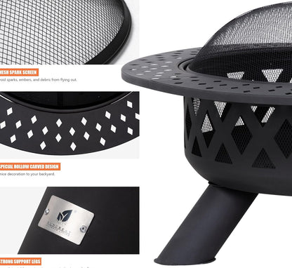 SUNCREAT 42 Inch Star Pattern Wood Burning Patio Fire Pit With Mesh Spark Screen And Poker, Black