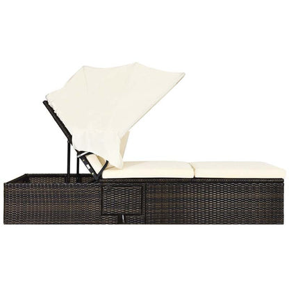Cushioned Rattan Outdoor Chaise Lounge Chair With Folding Canopy, Flip-Up Tea Table And 5 Positions