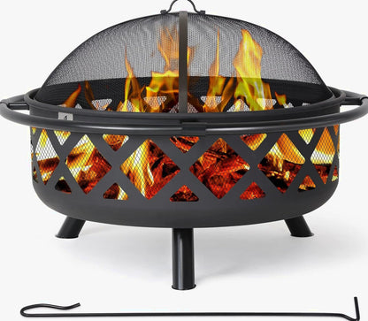 SUNCREAT 42 Inch Star Pattern Wood Burning Patio Fire Pit With Mesh Spark Screen And Poker, Black