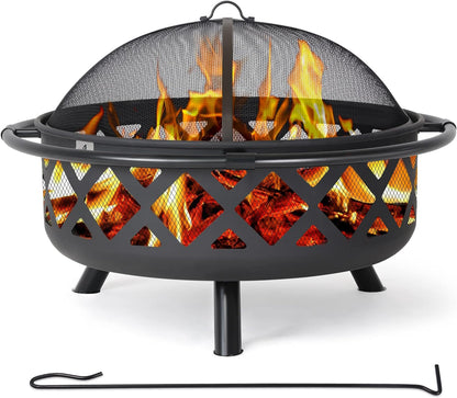 SUNCREAT 42 Inch Star Pattern Wood Burning Patio Fire Pit With Mesh Spark Screen And Poker, Black