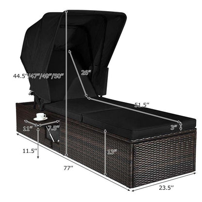 Cushioned Rattan Outdoor Chaise Lounge Chair With Folding Canopy, Flip-Up Tea Table And 5 Positions