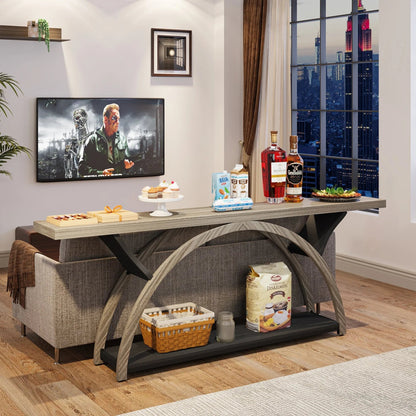 2-Tier Slim Console Sofa Table, Engineered Wood and Metal - 11.81 in D x 70.87 in W x 33.46 in H