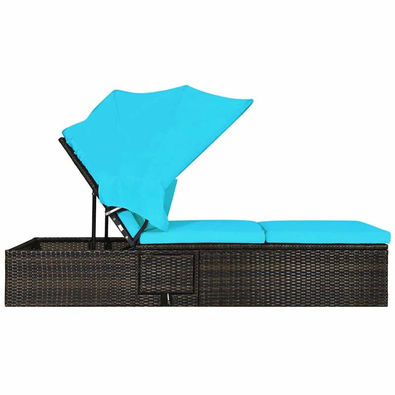 Cushioned Rattan Outdoor Chaise Lounge Chair With Folding Canopy, Flip-Up Tea Table And 5 Positions