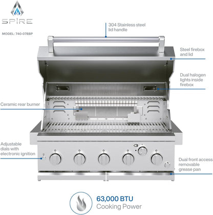 Spire 5 Burner Built-In Propane Gas Grill, Stainless Steel, 30 Inch, 750 SQ In, 63,000 BTUs - 740-0788P