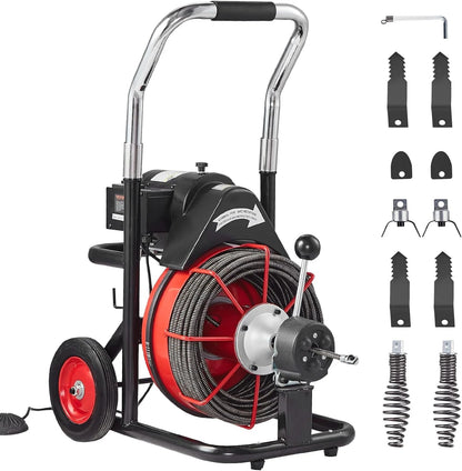 VEVOR Drain Cleaner Machine 100FT x 1/2 Inch, 550W, 8 Cutters, Red + Black