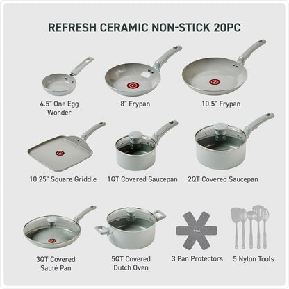 T-Fal Refresh Ceramic 20-Piece Nonstick Cookware Set, Moon Grey
