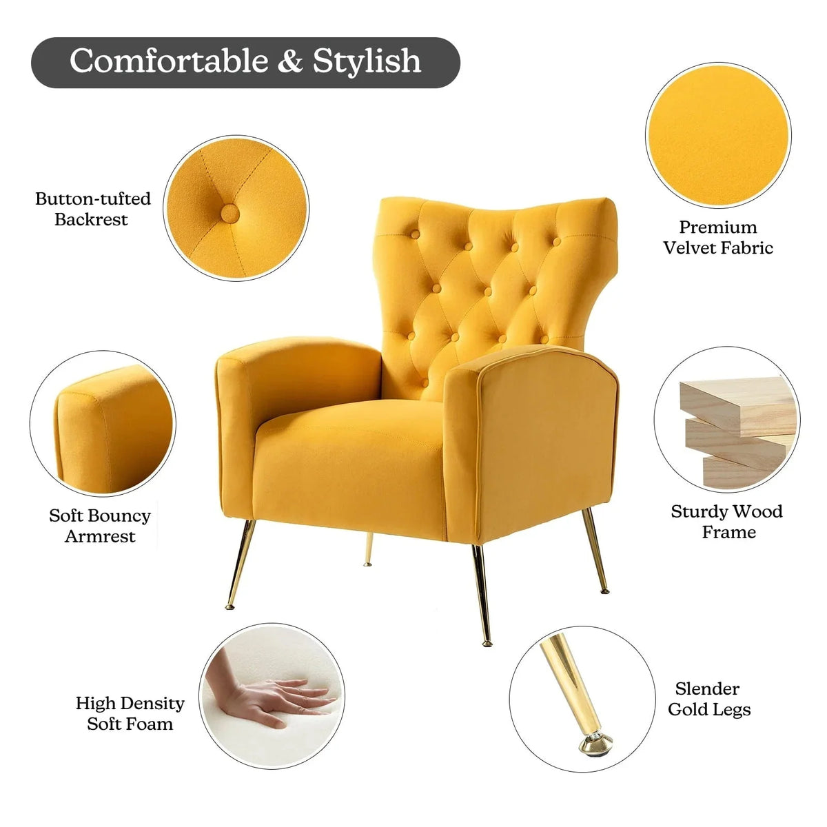 14 Karat Home Velvet Accent Chair With Button-Tufted Back And Metal Legs - Mustard