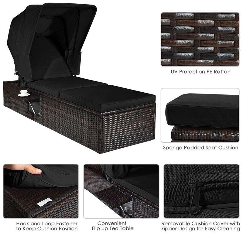 Cushioned Rattan Outdoor Chaise Lounge Chair With Folding Canopy, Flip-Up Tea Table And 5 Positions