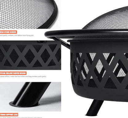 SUNCREAT 42 Inch Star Pattern Wood Burning Patio Fire Pit With Mesh Spark Screen And Poker, Black
