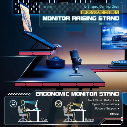 L-Shaped Gaming Computer Corner Desk With Monitor Stand - 220 lbs Capacity