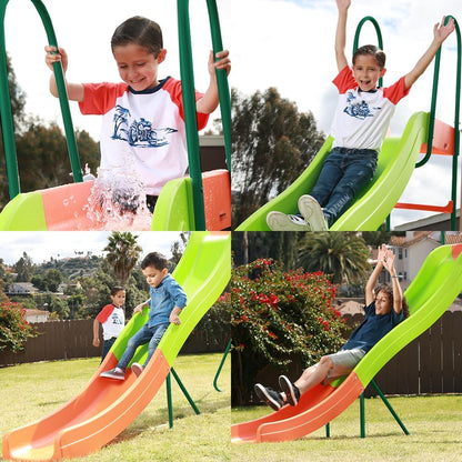 PLATPORTS Outdoor Playground Slide, 10 Ft, 123.59 in L x 58.5 in W x 60.45 in H, Orange/Green, Ages 4-8