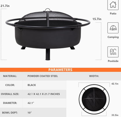 SUNCREAT 42 Inch Star Pattern Wood Burning Patio Fire Pit With Mesh Spark Screen And Poker, Black
