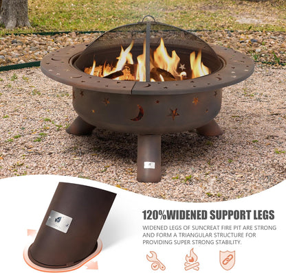 SUNCREAT 42-Inch Wood Burning Patio Fire Pit, Black, 42.1 Inch Diameter x 25.2 Inch High