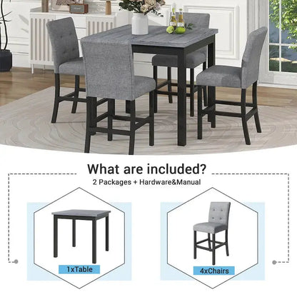 5-Piece Counter-Height Dining Set With Solid Wood Table And 4 Padded High-Back Chairs