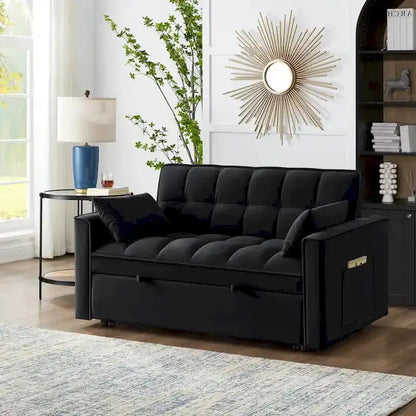Velvet Pull-Out Sleeper Loveseat - Convertible Reclining Couch With Dual Side Storage Pockets