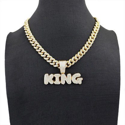 Full Diamond King Football Pendant Necklace With 20in Cuban Link Chain, 13mm Width