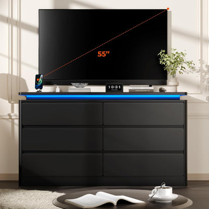 6-Drawer Black Wooden Dresser With Charging Station And LED Lights - 47.2 in