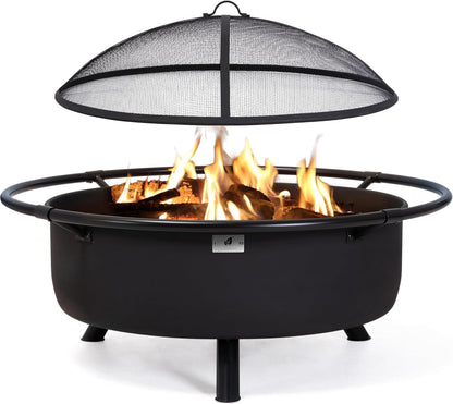 SUNCREAT 42 Inch Star Pattern Wood Burning Patio Fire Pit With Mesh Spark Screen And Poker, Black