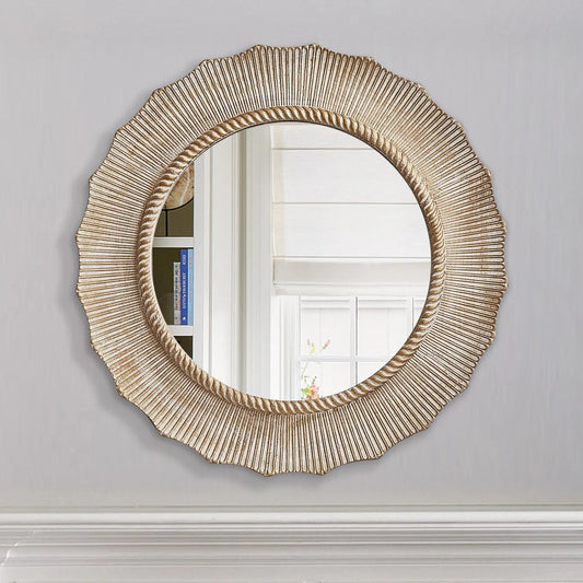 30 Inch Bohemian Beige Round Wood Bathroom Wall Mirror