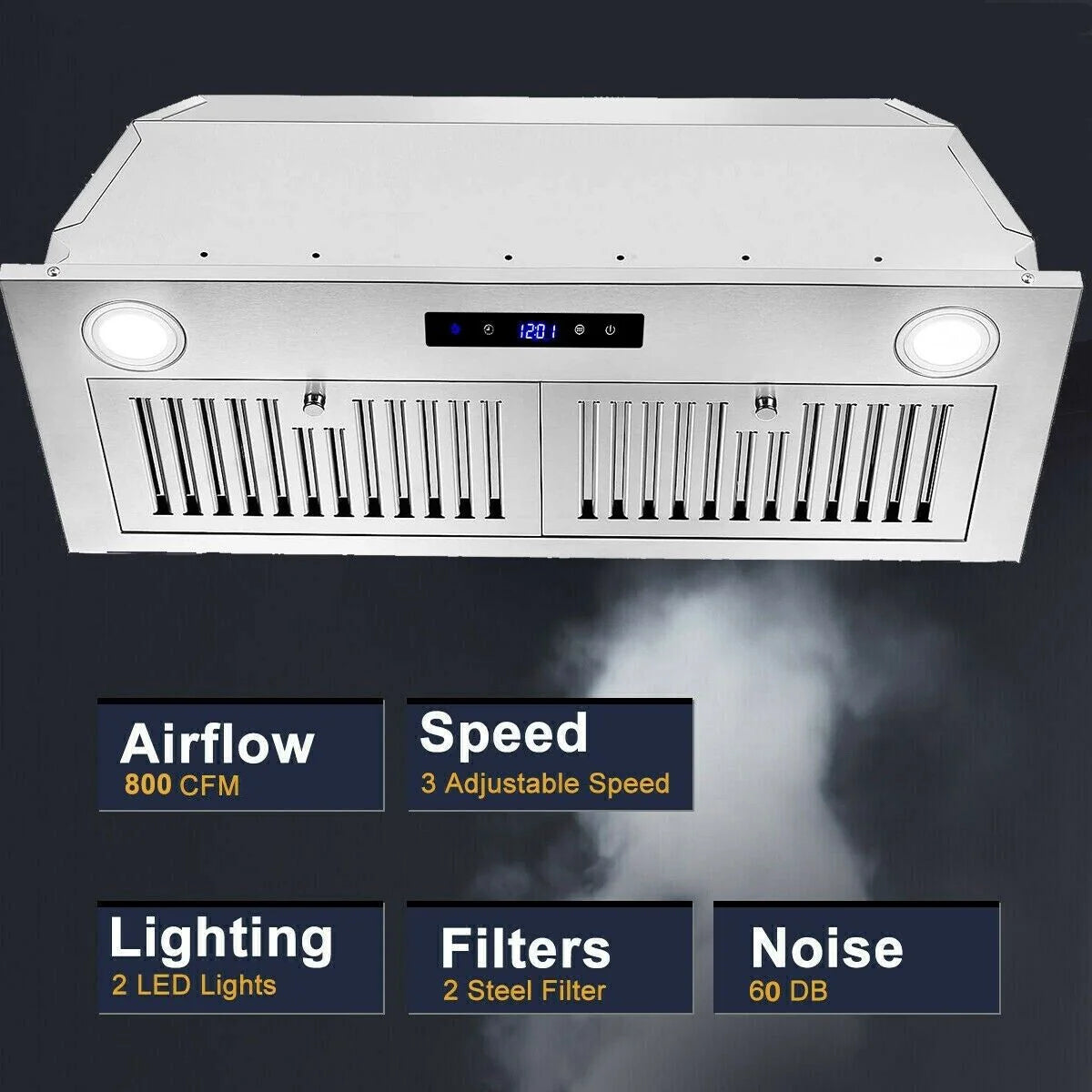 30 Inch Built-In Range Hood 800 CFM 3-Speed Touch Control