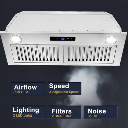 30 Inch Built-In Range Hood 800 CFM 3-Speed Touch Control