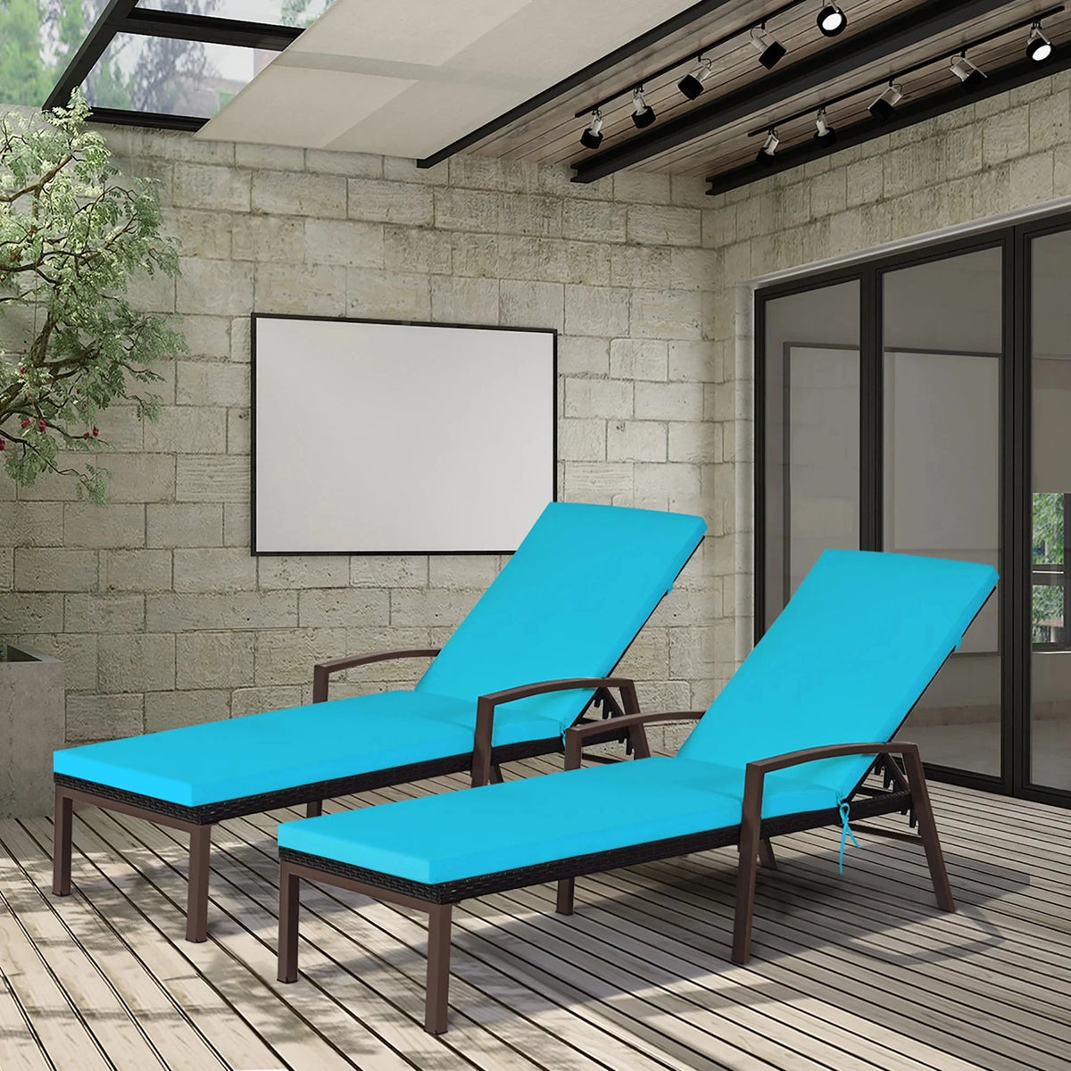 Costway 2 PCS Patio Rattan Chaise Lounge Chairs With Adjustable Backrest And Cushions - Red