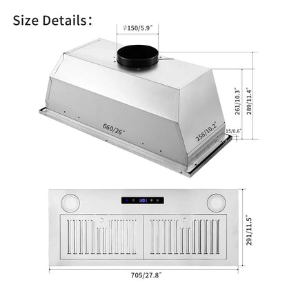 30 Inch Built-In Range Hood 800 CFM 3-Speed Touch Control