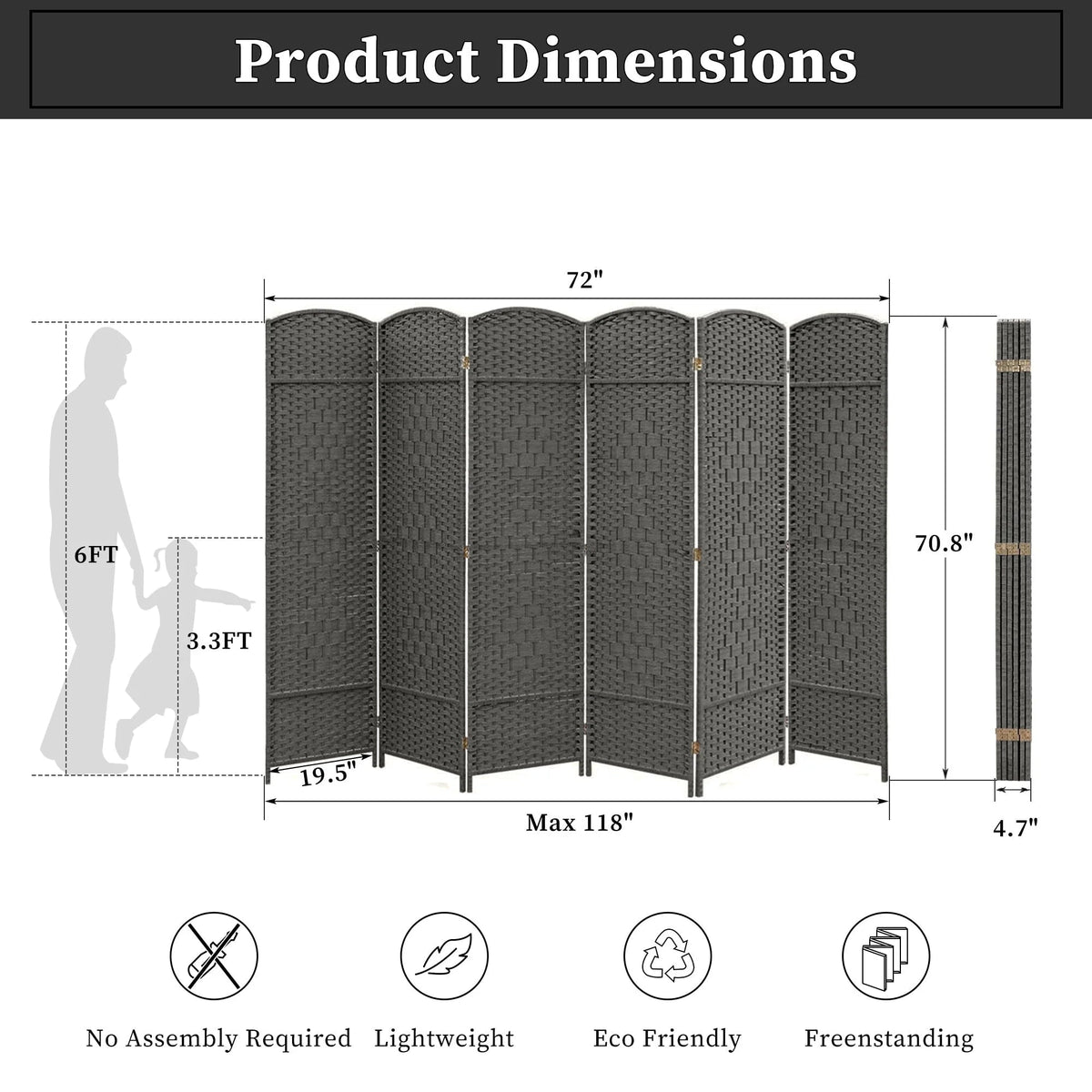 Freestanding Folding Woven Fiber Room Divider Privacy Screen - 6 Ft Tall