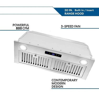 30 Inch Built-In Range Hood 800 CFM 3-Speed Touch Control